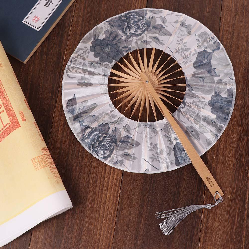 Round Folding Hand Fan Bamboo Handle Chinese Fans Photography Props Windmill Fan  Lady