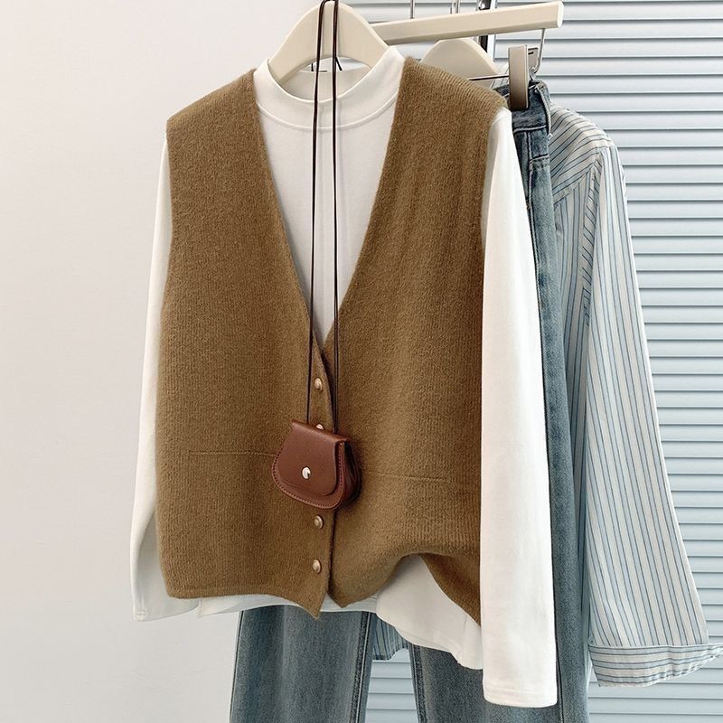 Women's Soft Knitted Vest Women Casual Button Deep V Neck Sleeveless Fall Cardigan Stylish Simple Tank Loose Knitwear Coats