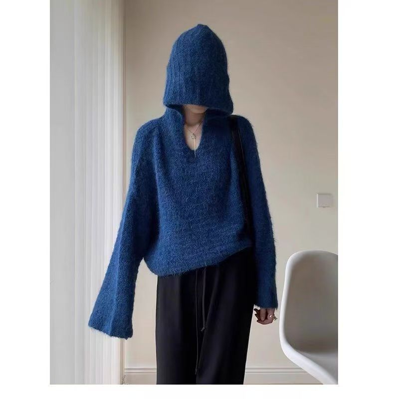 Шикарный Французский Мягкий Свободный Свитшот с Капюшоном Женский Осень Зима Пуловер Вязаный Свитер Топ