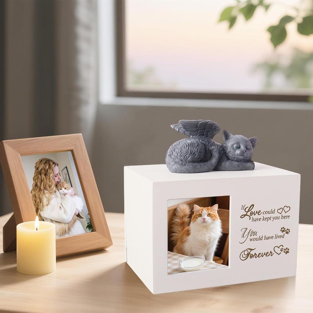 Cat Memorial Urn for Ashes - Wooden Cat Keepsake Box with Photo Frame, Resin Angel Statue & Velvet Ash Bag, Pet Loss Remembrance Gift (White)