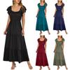 Women's Summer Casual Short Sleeve Square Neck Smocked Elastic Waist Tiered A Line Maxi Dress With Pockets