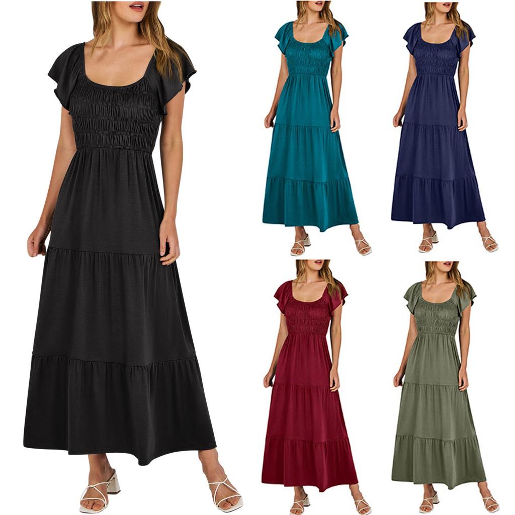 Women's Summer Casual Short Sleeve Square Neck Smocked Elastic Waist Tiered A Line Maxi Dress With Pockets