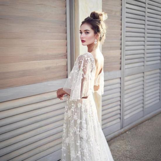 Lace Flared Sleeve Wedding Dress for Bride Deep V Neck Open Back Bridal Ball Gown Boho Beach Swing Dress