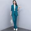 2 Pcs/Set Women Coat Pants Set Lapel Single Button Mid Length Cardigan Long Sleeve Jacket Wide Leg High Waist Straight Trousers Lady Formal
