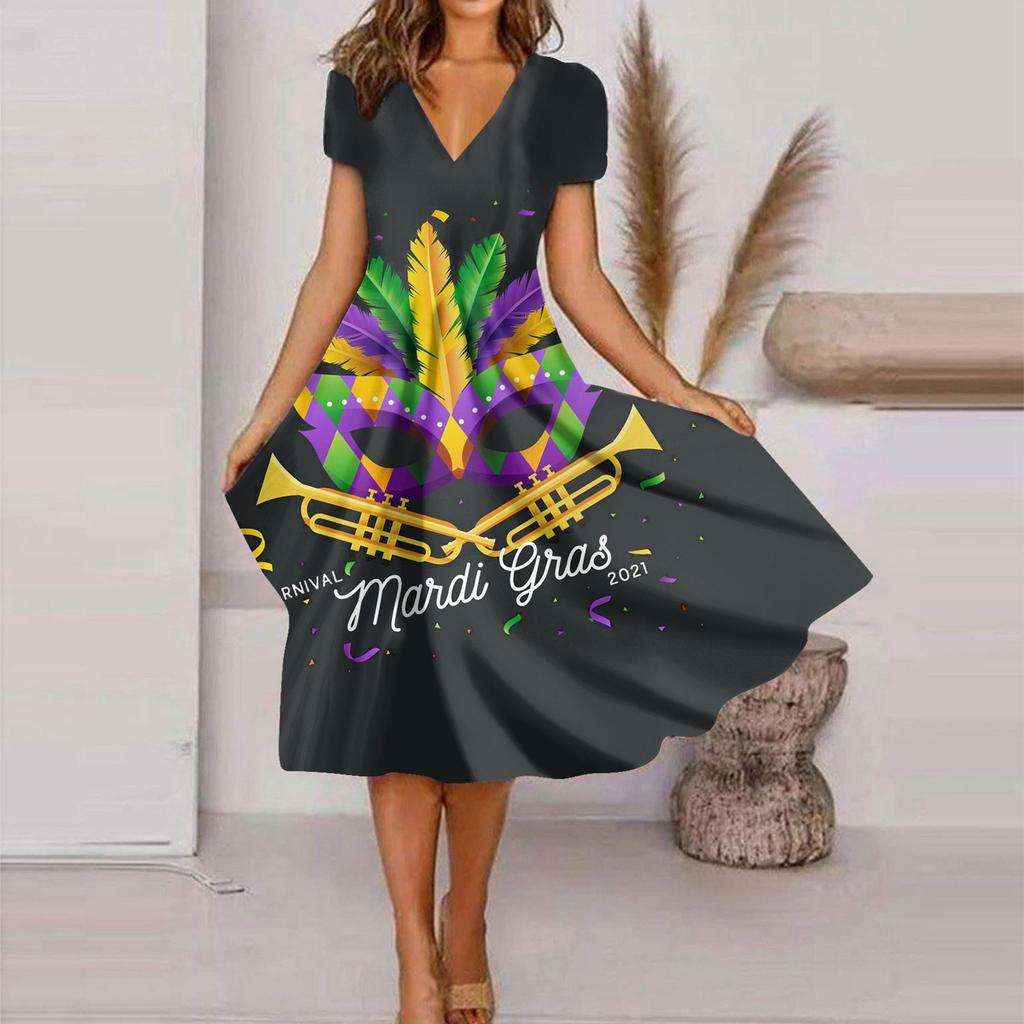 Женское летнее повседневное модное свободное платье с коротким рукавом и v-образным вырезом с принтом