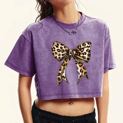 Креативная футболка с принтом леопарда, бантом, стиранная, женская, ретро, повседневная, с круглым вырезом, хлопковая, с коротким рукавом, облегающая