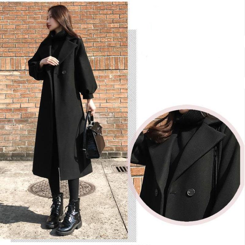 Women Wool Coat Solid Color V-neck Jacket Casual Slim Windbreaker Trend Temperament Top Over The Knee