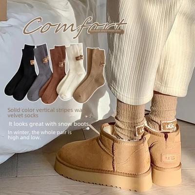 Зимние однотонные теплые бархатные утолщенные ворсовые носки, разноцветные вышитые логотипы, носки длиной до середины икры, коричневые повседневные хлопковые носки