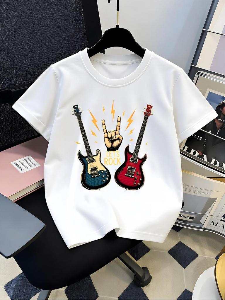 Lets Rock Electric Guitar Rock Hand Lightning Graphic Tee Boy Girls Family Matching Casual Parent Kids Music Short Sleeve Outfit