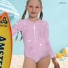 Girls High Neck Long Sleeve Front Zip One Piece Swimsuit Black Gold Geometric Printed