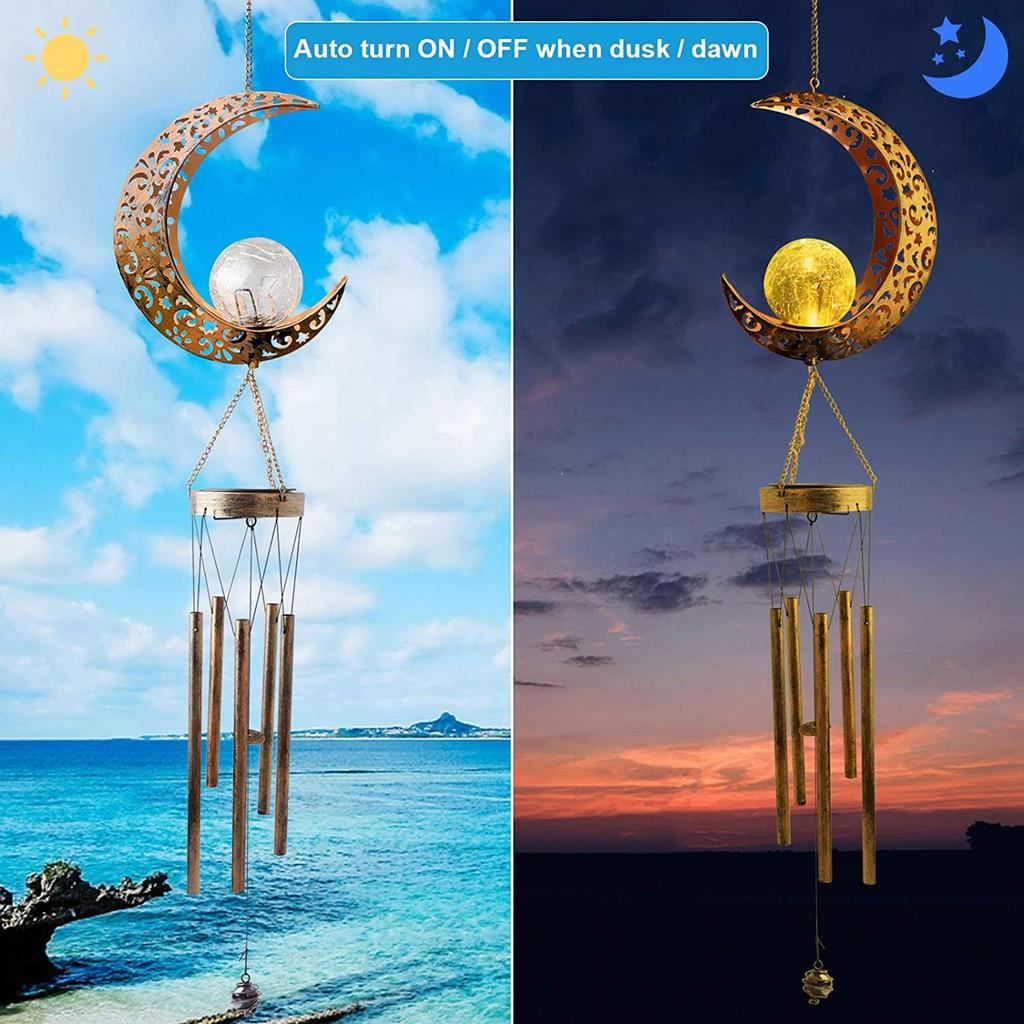Wrought Iron Hollow Solar Moon Wind Chime LED Light Outdoor Decoration