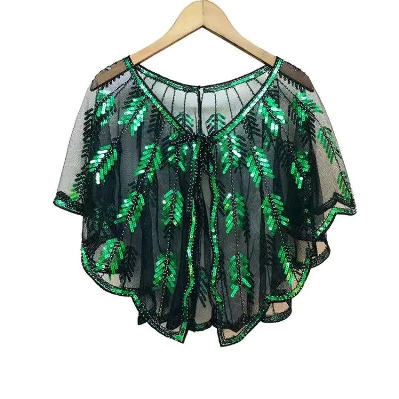 Ретро 1920-х годов, шаль с блестками и бисером, винтажная вечерняя накидка из прозрачной сетки с вышивкой в ​​виде листьев, женское болеро, аксессуары для вечеринок