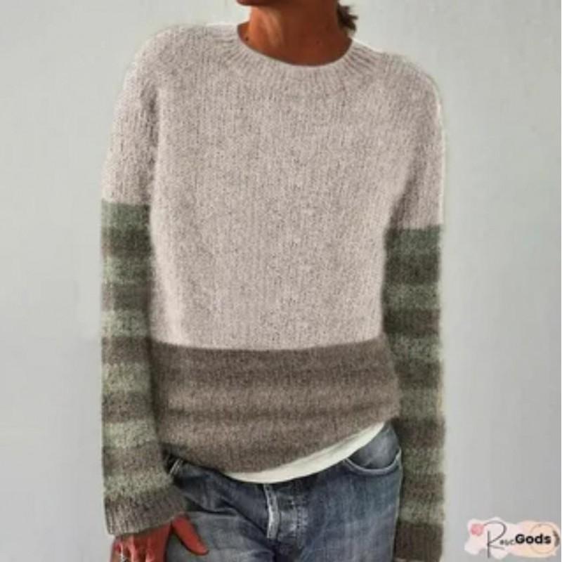 Womens Crew Neck Colorblock Knit Sweater Loose Fit Casual Office Wear Long Sleeve Pullover