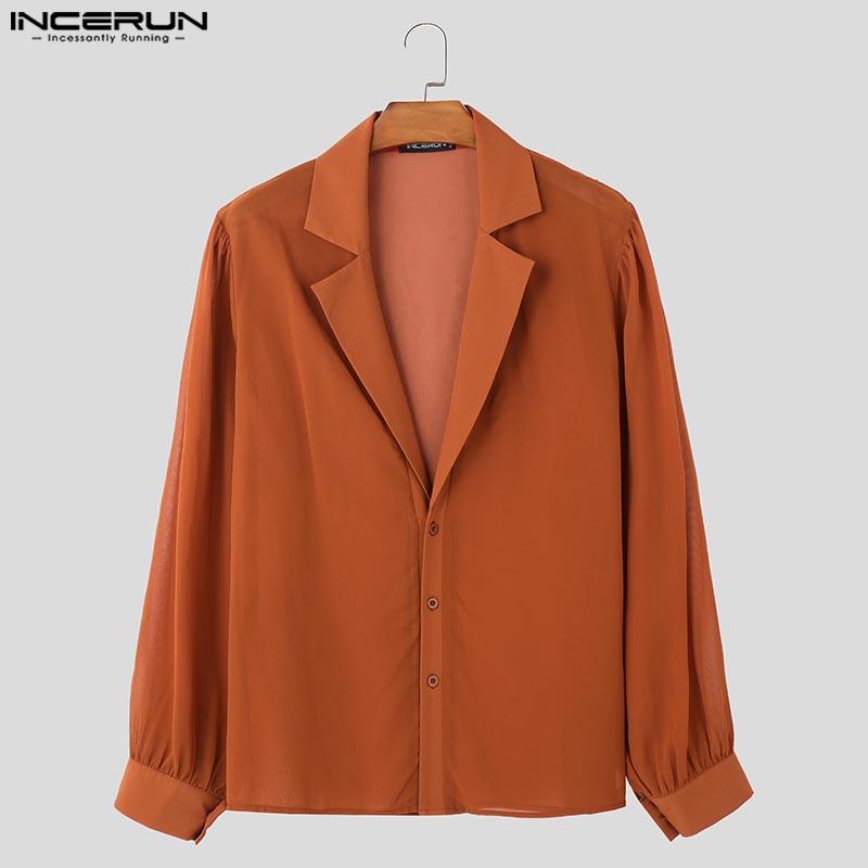 INCERUN Мужские рубашки с длинным рукавом и лацканами на пуговицах из сетки