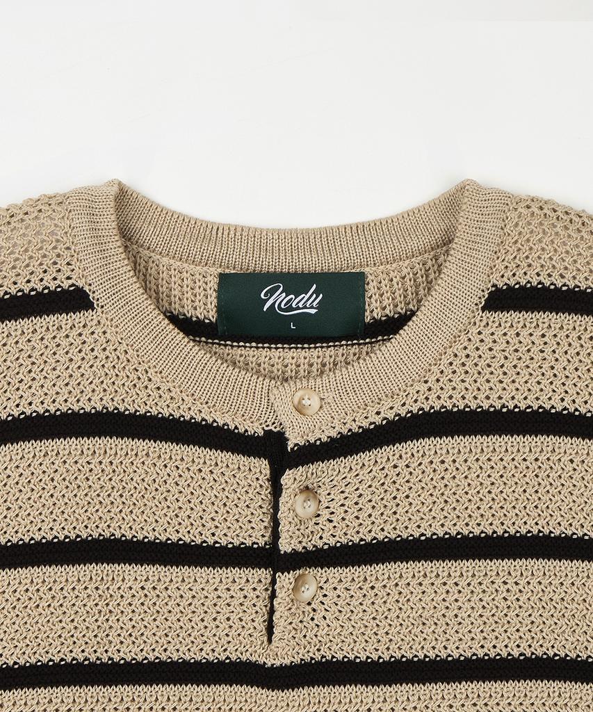 NODU Henley Neck Striped Short Sleeve Knit [3 Colors]
