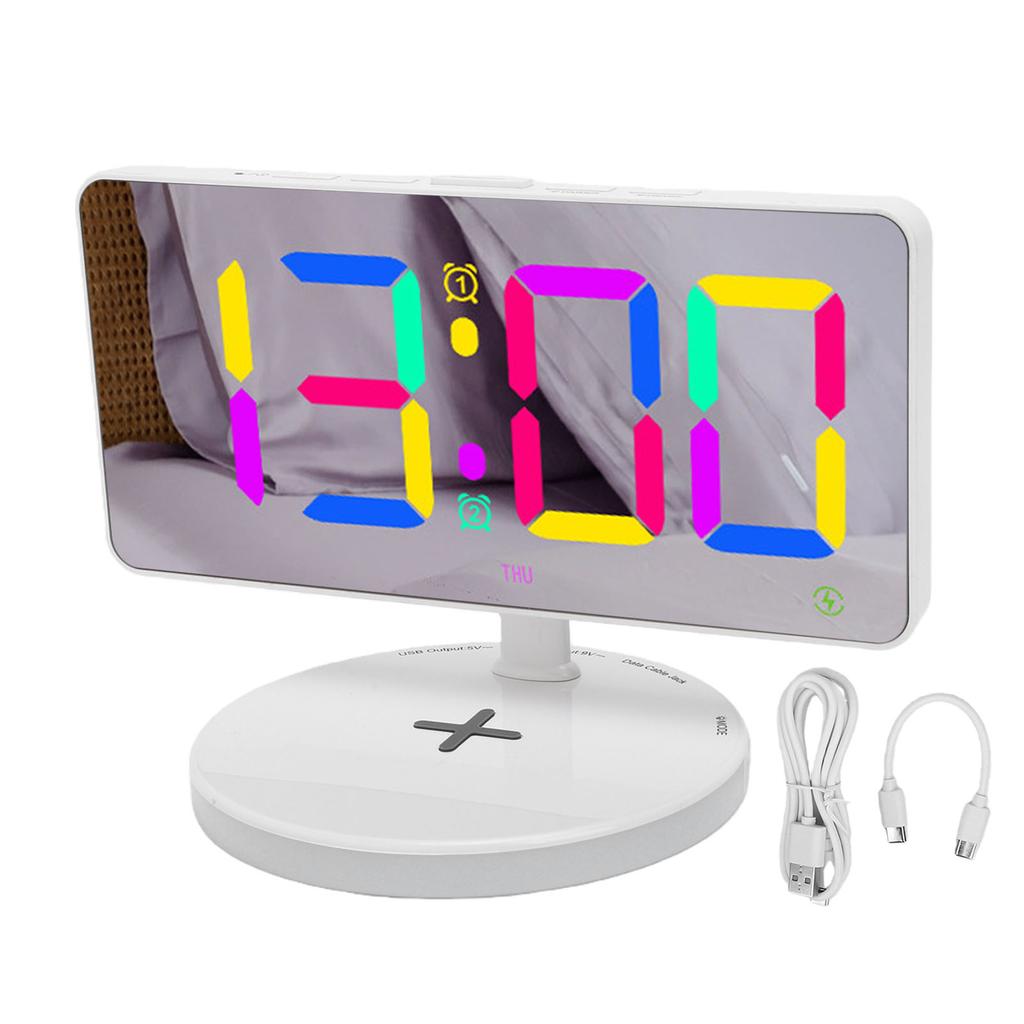 Цифровой будильник с большим LED-дисплеем, зеркальный настольный clock, с беспроводной зарядкой, RGB-подсветкой, кнопкой повтора сигнала, для спальни