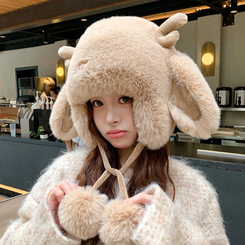 Милая плюшевая шапка с рогами оленя, женская зимняя теплая и холодная защитная шапка для ушей, японская милая студенческая шапка Lei Feng, толстая