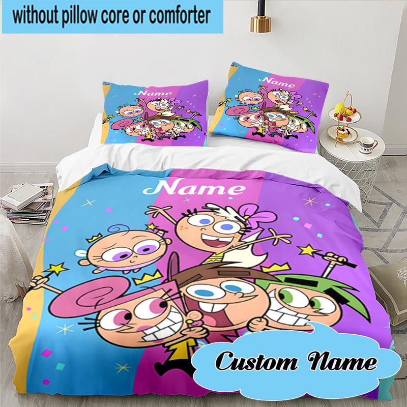 Custom Name 3PCS Friendship Adventure OddParents Bedding Set, Including 1pc Duvet Cover And 2pcs Pillowcases, Suitable for dorms and bedrooms Gift