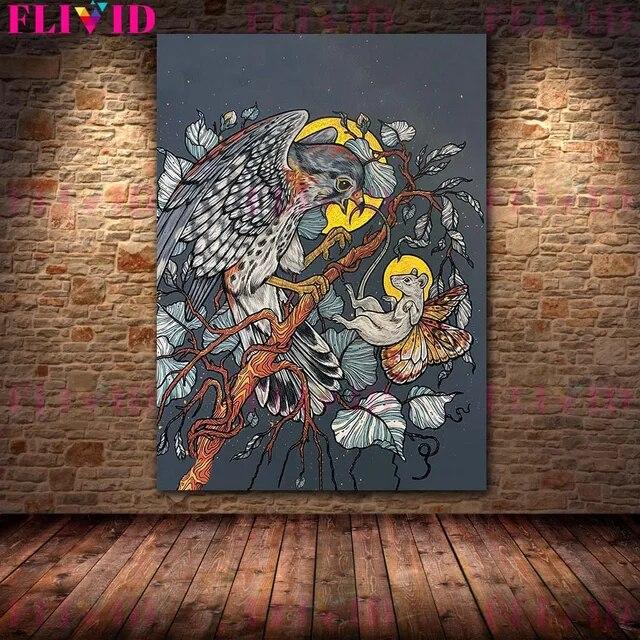 Скелеты, цветы и загадочные животные, винтажная настенная живопись на холсте, летучая мышь, опоссум, астрология, луна, звезды, планеты, печать плакатов, без рамки