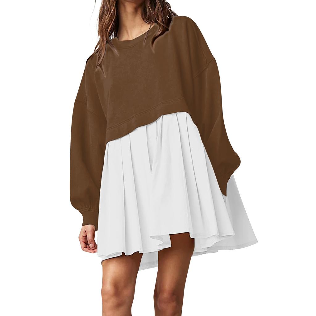 Женское платье-толстовка большого размера с длинным рукавом в стиле пэчворк, пуловер, топы, платье-толстовка