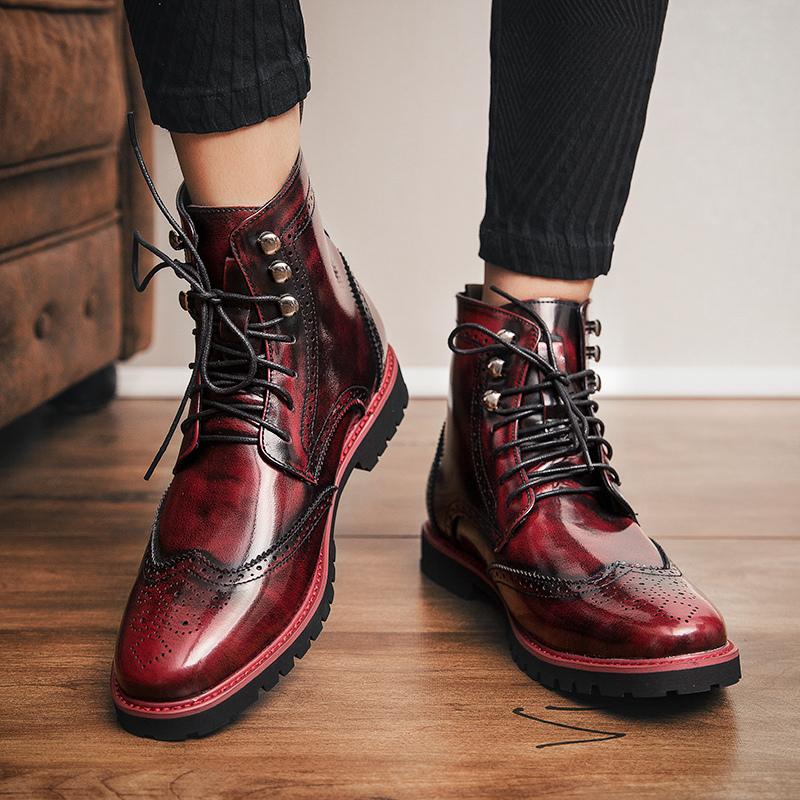 New Retro Style Red Men's Leather Boots Fashion Lace-up Casual Ankle Boots for Men Luxury High-top Dress Shoes Men Cowboy Boots