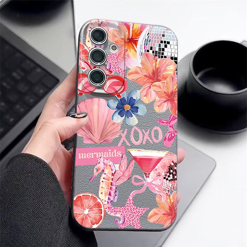 Розовый Чехол с Мультяшным Цветочным Рисунком для Samsung Galaxy A57 A56 A55 A54 5G A37 A36 A35 A34 A17 A16 A15 A14 Силиконовый Чехол с Текстурой Кожи