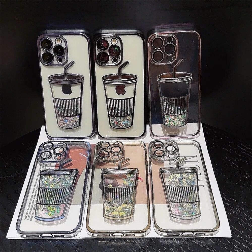 Electroplated Quicksand Liquid Phone Cases For iPhone 11 12 13 14 Pro Max Case Clear Milk Tea Cups Sequins Glitter Back Cover