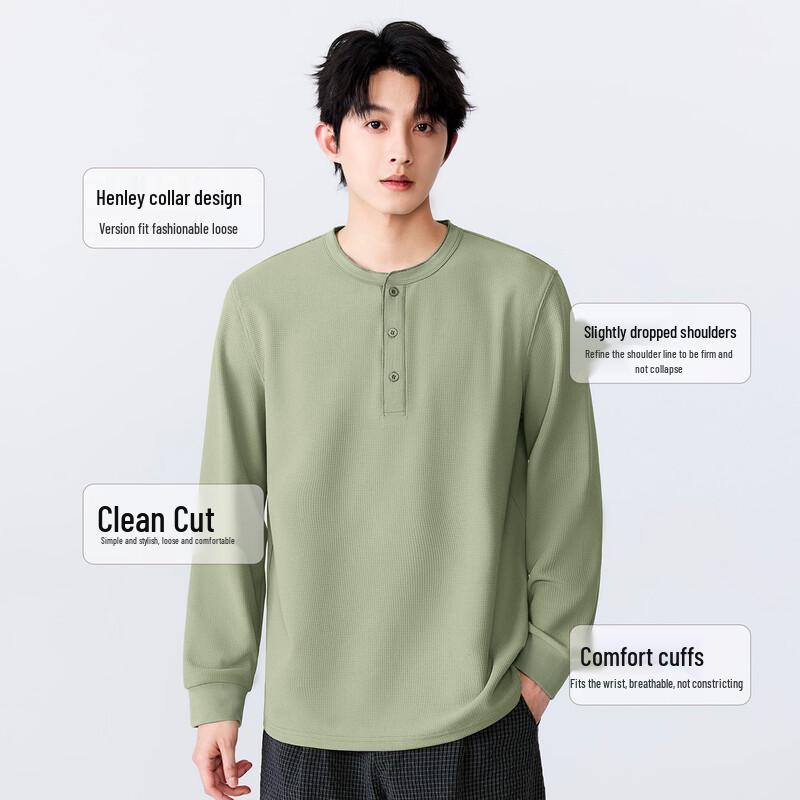 MINISO Waffle Knit Henley Long Sleeve Casual T-Shirt