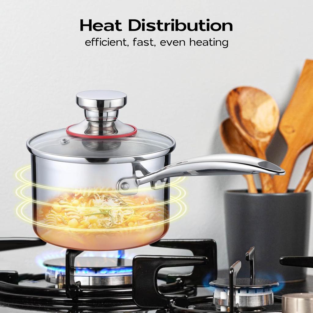 Маленькая кастрюля емкостью 1 кварта, трехслойная кастрюля для молочного соуса из нержавеющей стали со стеклянной крышкой, кухонная индукционная посуда для приготовления тушения, которую можно мыть в посудомоечной машине