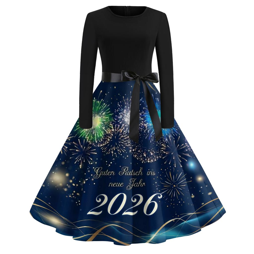 Женское повседневное модное платье с круглым вырезом и длинным рукавом с новогодним принтом в ретро-стиле