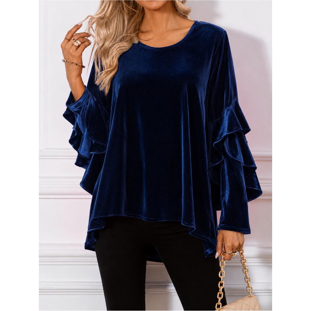 Spring Fall Women Velvet Long Sleeve Ruffle Casual Blouse Top
