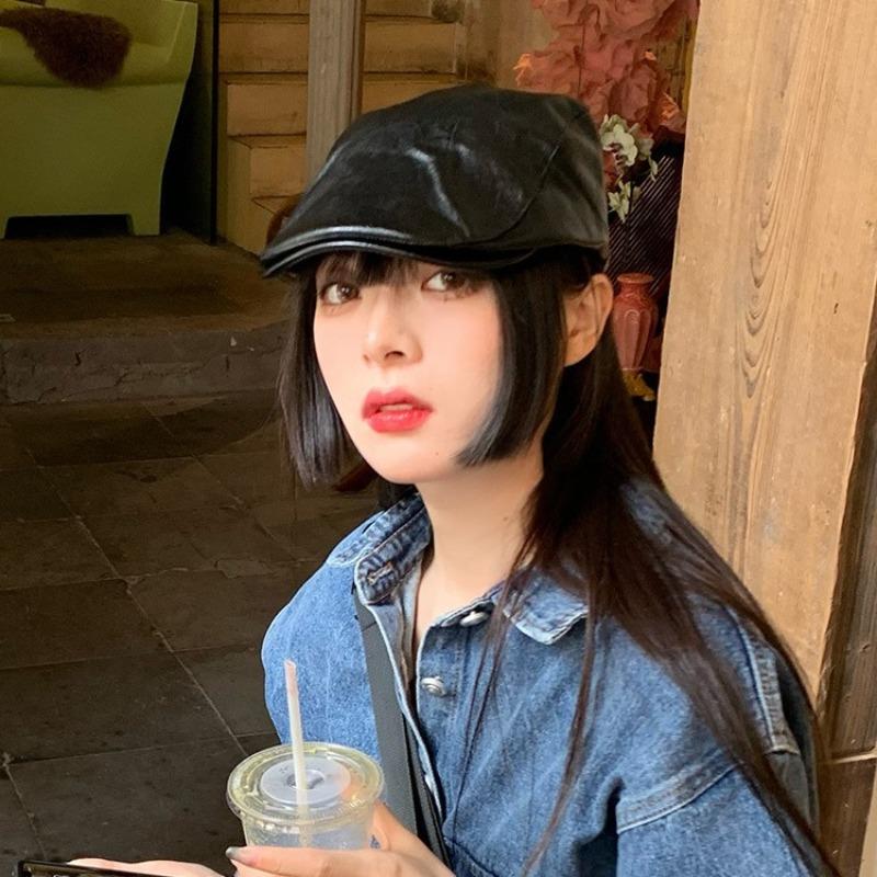 Leather Retro Hat Women's Autumn and Winter Beret Solid Color Cap Detective Hat Men's Hat