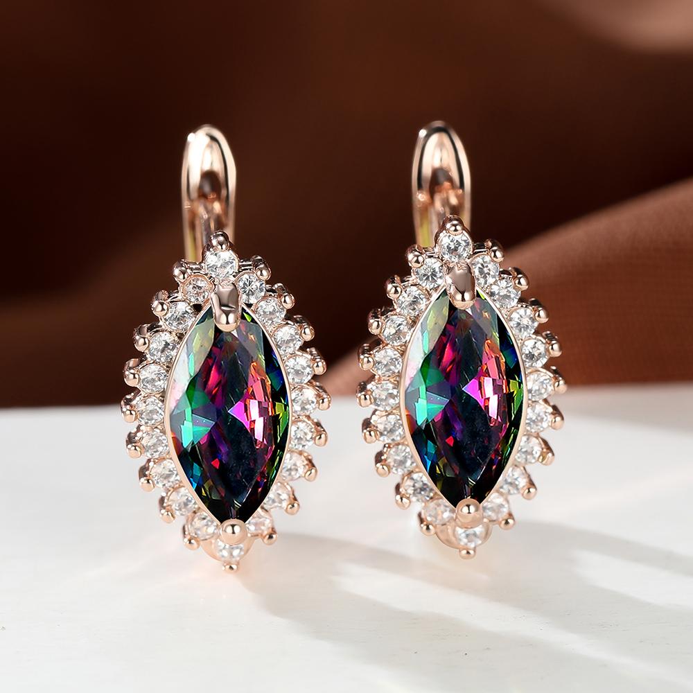 1 Pair Rose Gold Color Marquise Cut Multicolor Birthstone Drop Dangle Hook Earrings White Red Blue Green Stone Horse Eye Claw Earrings Jewelry
