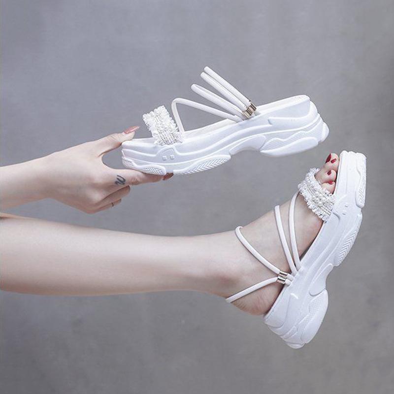 Two Wear Sandals Women's All-match Thick Bottom Heightening Light and Comfortable Outer Wear Sandals and Slippers Pearl Decoration