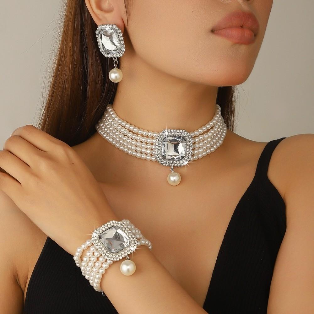 3Pcs/set Elegant Women'S Fashion Jewelry Set Imitation Pearl Rhinestone Jewelry Set Party