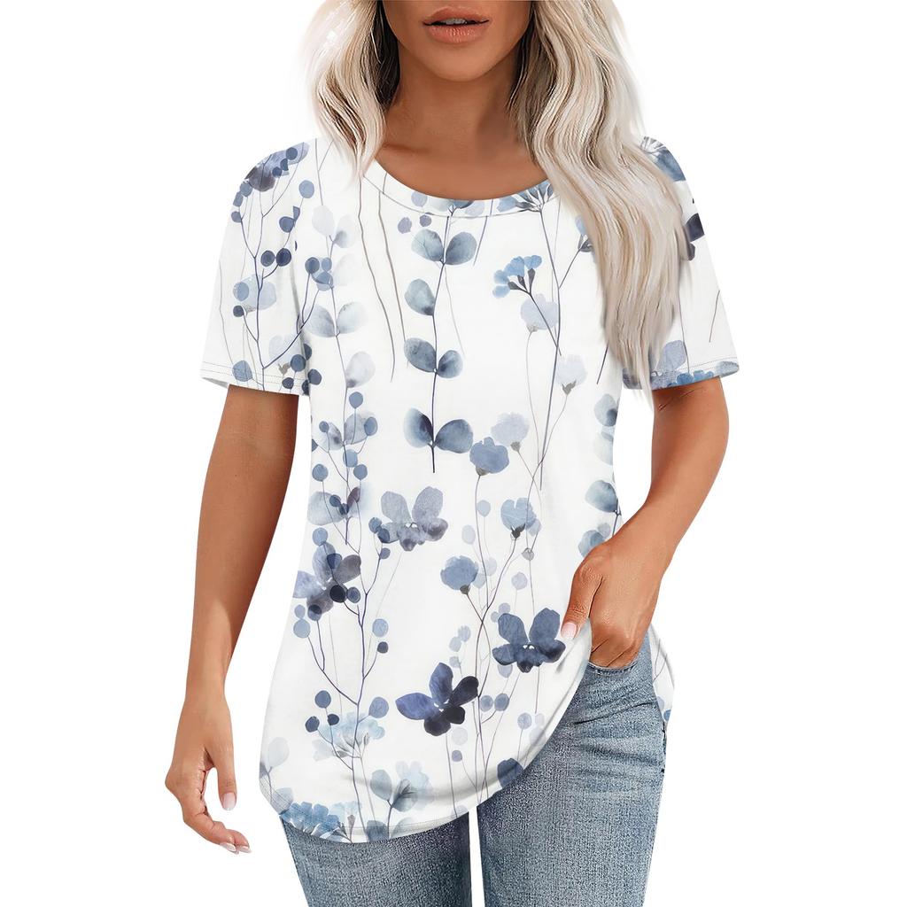 T Shirts For Women Pleated Round Neck Dressy Casual Blouses Printing Short Sleeve Summer Tops Loose Fit