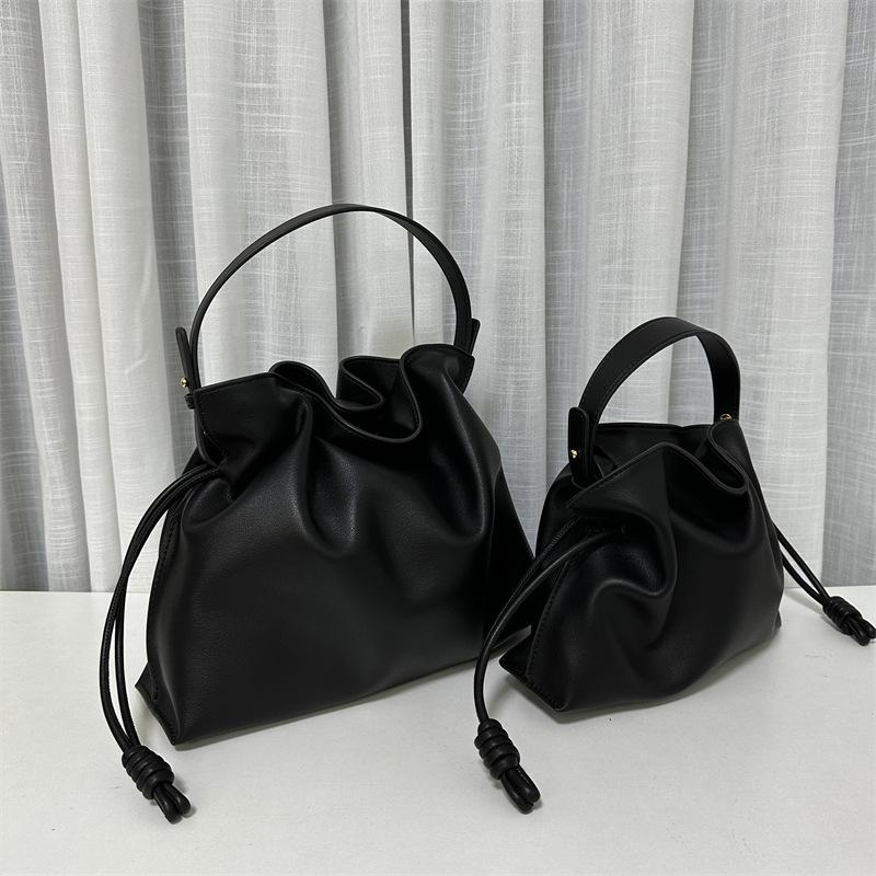 New Soft Cowhide Drawstring Lucky Bag Bucket Bag Size Single Shoulder Crossbody Bag Multi-functional Pleated Bag