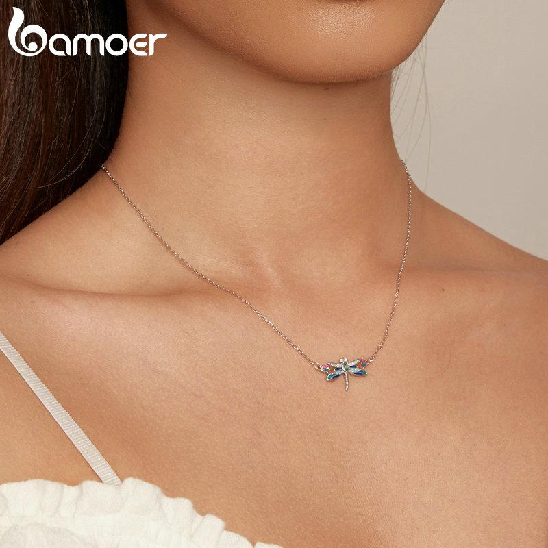 BAMOER, стерлинговое серебро 925 пробы, красочная эмалированная подвеска в виде стрекозы, ожерелье, изящная цепочка на шею с насекомыми для женщин, подарок на День святого Валентина