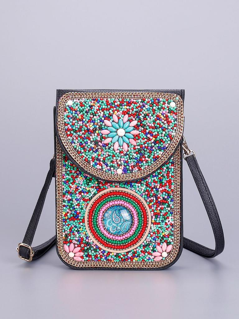 Butterfly & Flower Pattern Retro Ethnic Style 2026 New Handmade Beaded PU Crossbody Mini Phone Bag Women's Shoulder Purse