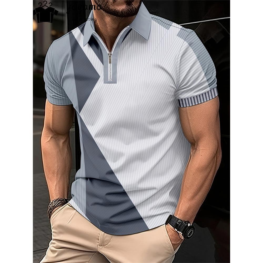 Мужская футболка-поло на молнии, модная клетчатая футболка с 3D-принтом, повседневная деловая футболка, мужское поло, уличная футболка с коротким рукавом на молнии