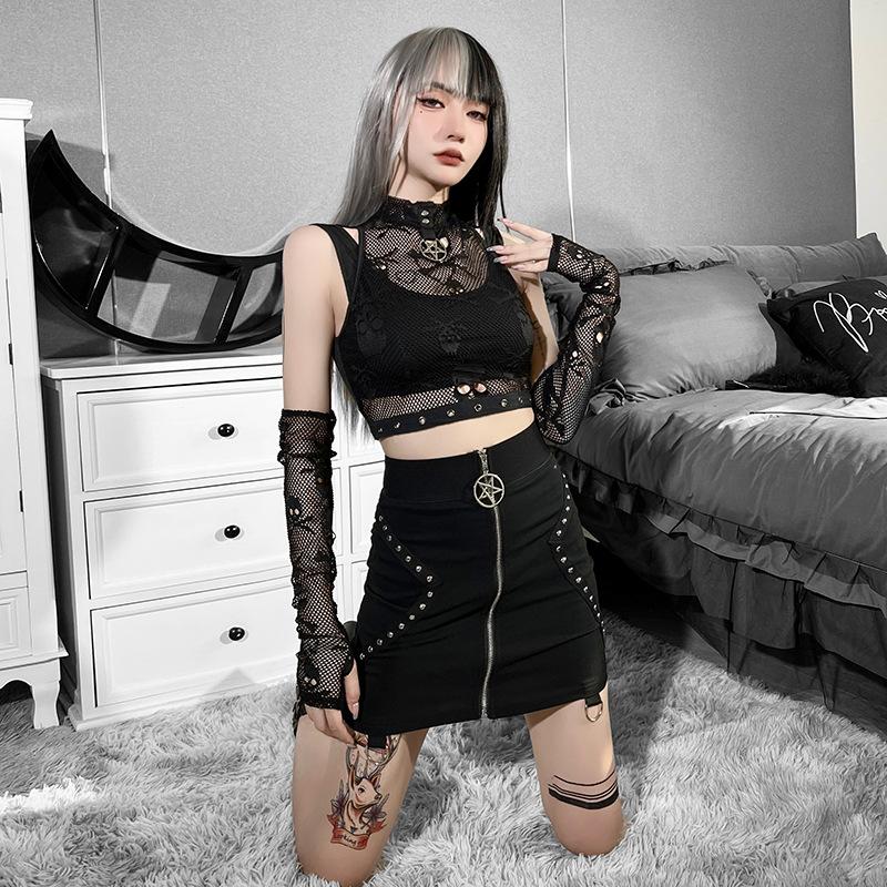 Готические сетчатые укороченные топы с черепом, черная кружевная майка, узкая футболка в стиле панк с перчатками
