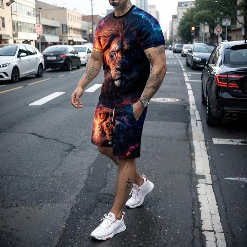 Summer 3d Tiger Lion Print Men's Round Neck Short Sleeved T-Shirt Shorts Set 2-Piece High-Quality Casual Street Sports Set