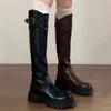 Women Knee High Boots Square High Heels Autumn Leather Thick Bottom Fashion Buckle Knight Long Botas Femininos