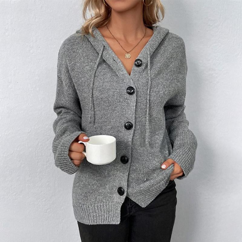 Однотонный свитер с капюшоном, женский вязаный кардиган на шнурке