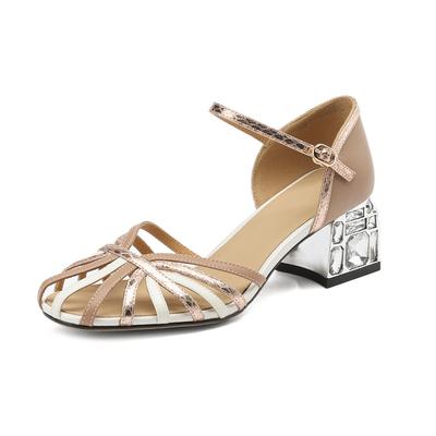 Модная женская новая весенне-летняя сумка, каблук, круглый носок, натуральная коровья кожа, цветной блок, ромб, высокий каблук, римские сандалии