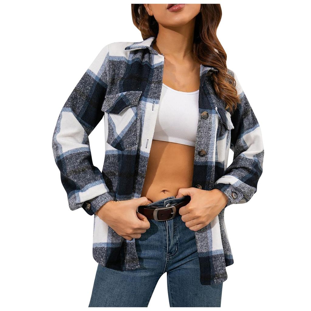 Модная женская повседневная свободная шерстяная плюшевая клетчатая куртка-рубашка с длинными рукавами