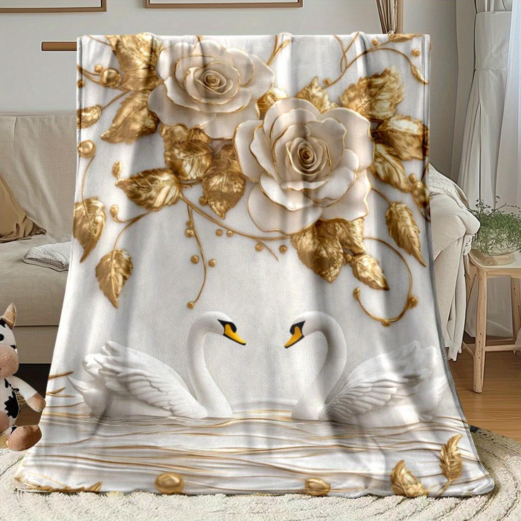 Фланелевое одеяло Golden Rose and Swan, Элегантное мягкое теплое одеяло для дивана кровати, Декор для дома на все сезоны Подарок,