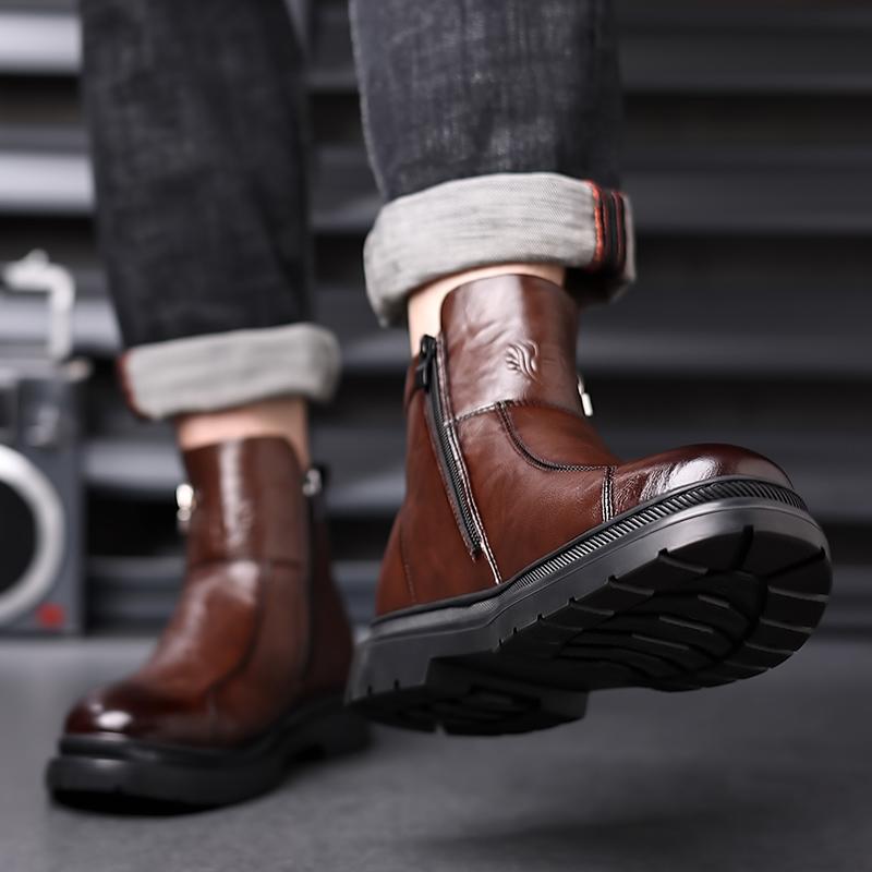 Fashion Mens Business Short Boots Winter New British Fashion Side Zipper Hand Sewn Plush Leather Shoes Outdoor Warm Casual Cotton Shoes