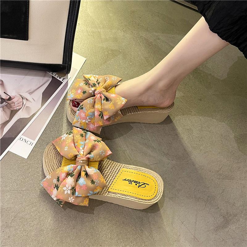 Women's Slippers and Ladies Sandals Wedge Heel Floral Slides with Bow Thick Platform Outside Shoes On Sale Elegant Fashionable