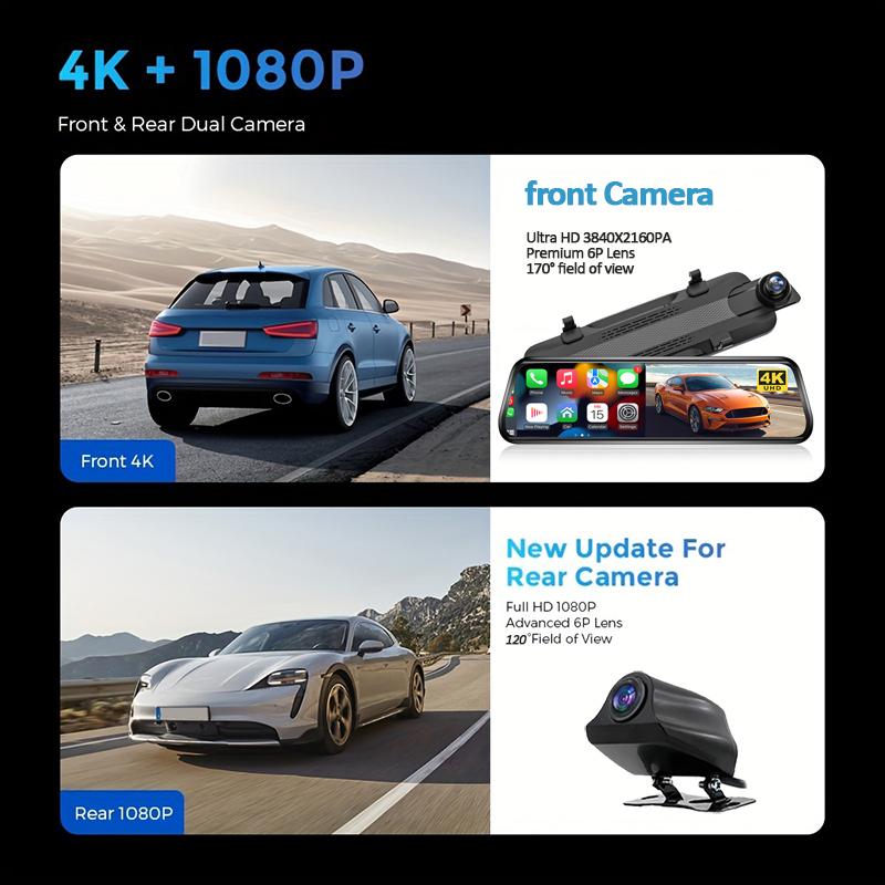 10Inch Mirror Dashcam 4K Dual Lens Dash Cam for Cars Wireless Carplay Android Auto WIFI Touch Screens AUX Car DVR Car Accessory